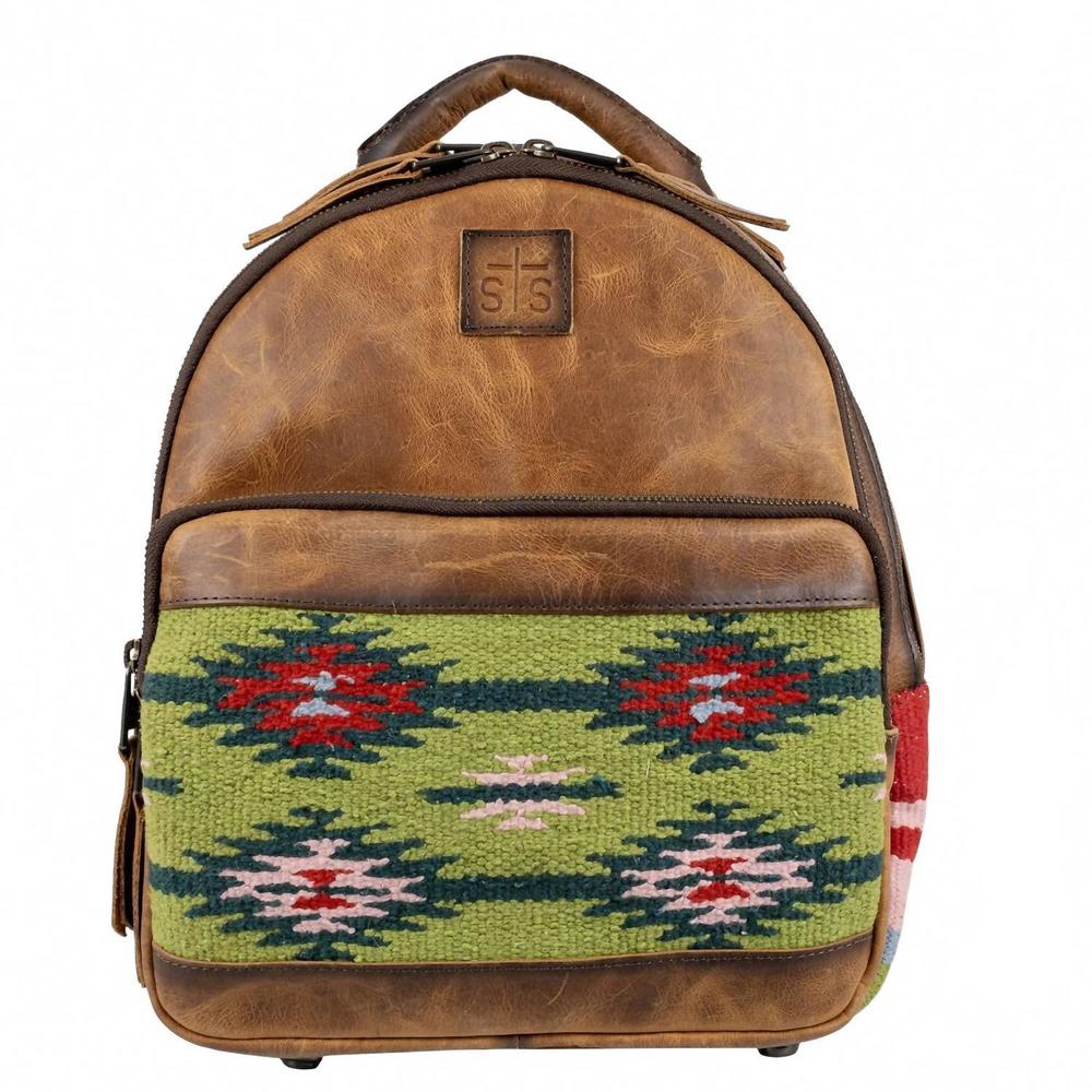 STS Ranchwear Brown Backpack with Green and Red Patterned Front